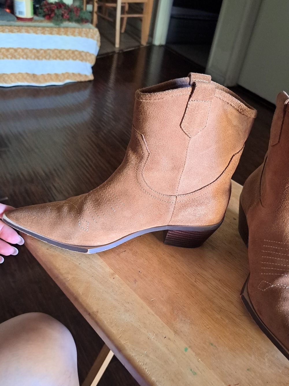 Women's Suede Pointed-Toe Ankle Booties in Tan - Picture 4 of 9